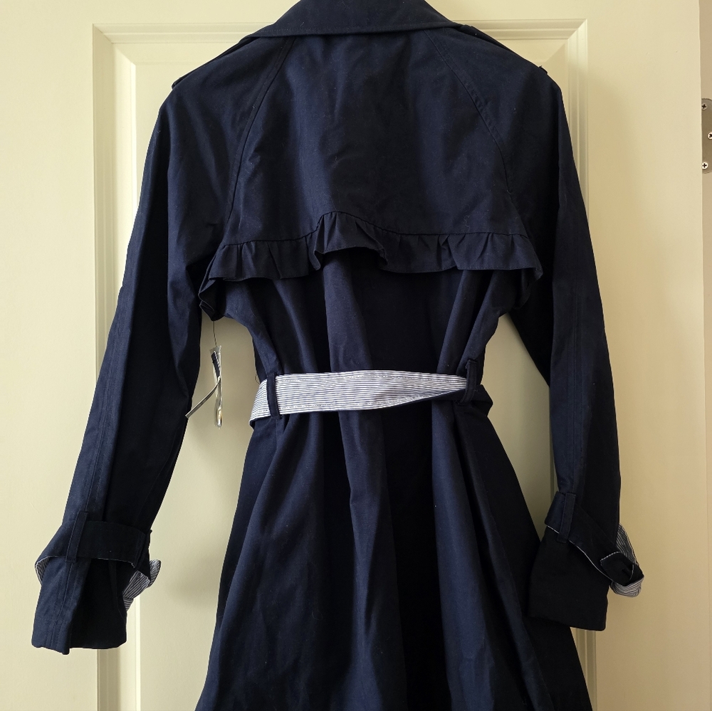 Preppy Coastal Trenchcoat Cotton Wmns S Crown&Ivy Ruffle Back Nwt Navy Academia - Picture 5 of 8